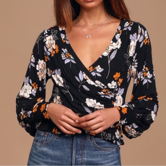 Free People shirt Saturday night black floral wrap top XS MWT stretch - Picture 1 of 6